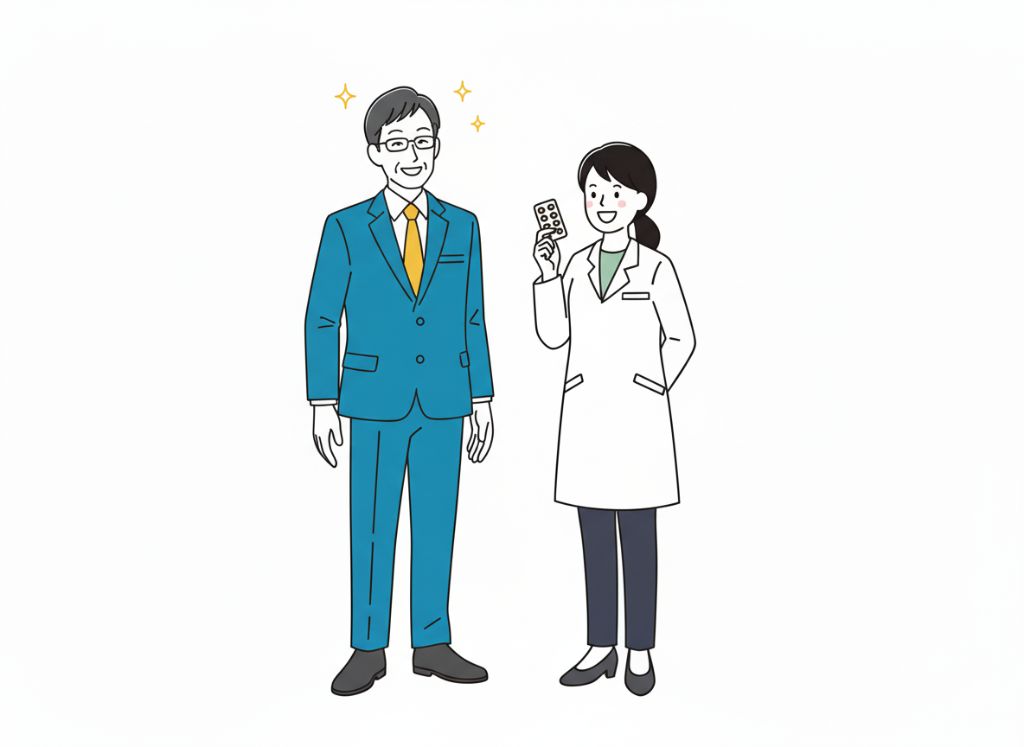 笑顔の薬局経営者と薬剤師