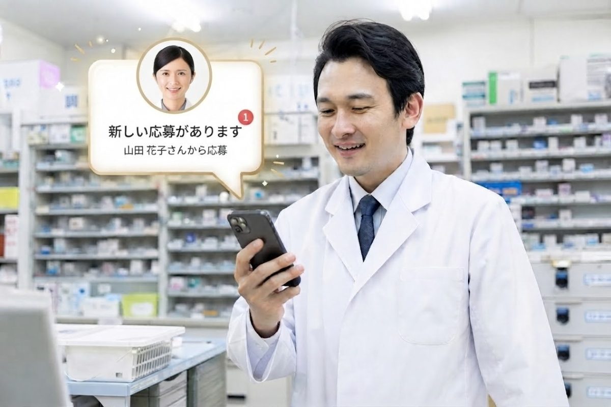 スマホの通知を確認する薬局経営者