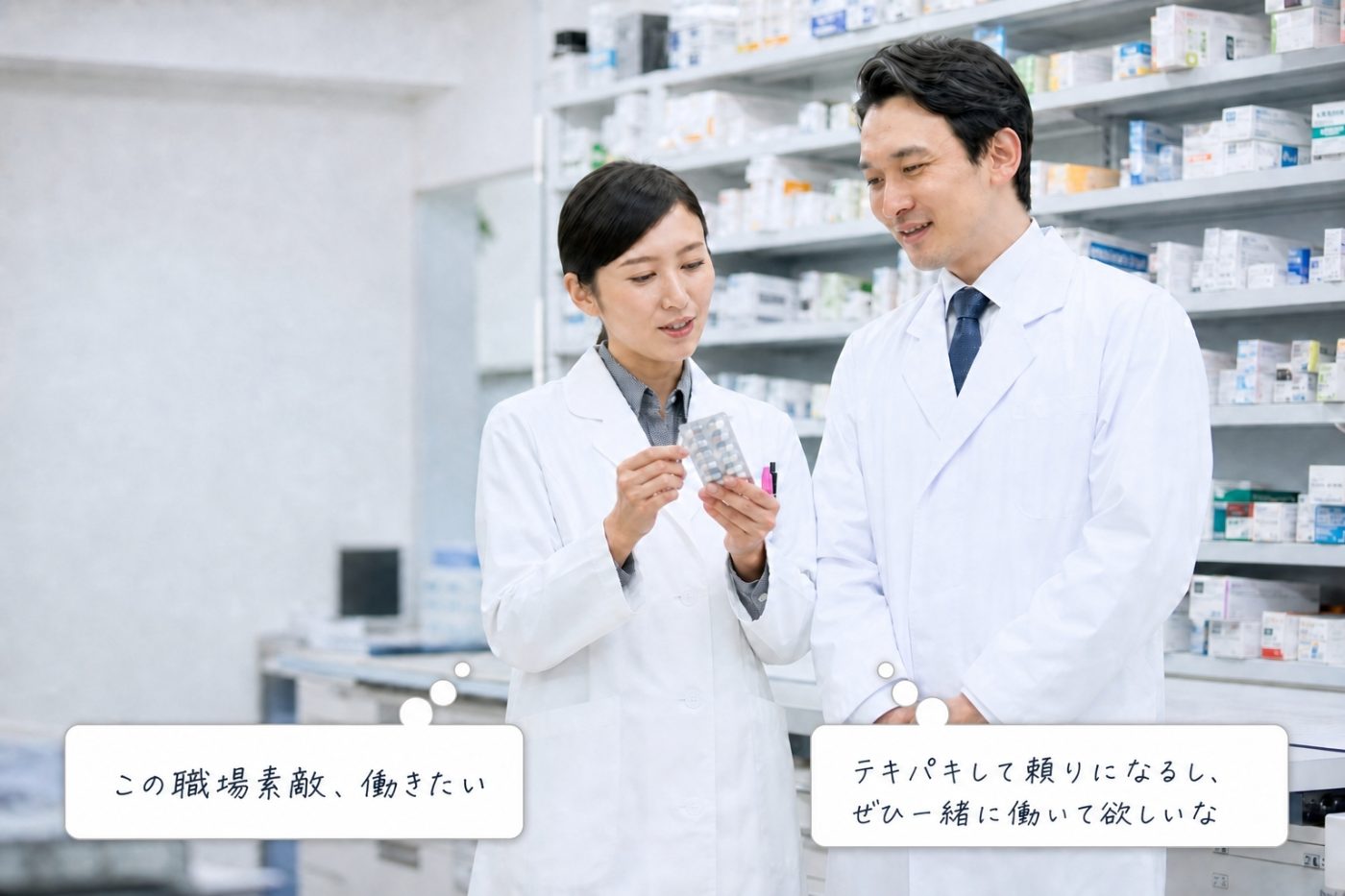調剤棚の前で一緒に働く薬剤師と薬局経営者
